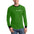 Man in green long-sleeve shirt with black trim and text, wearing blue jeans, smiling.