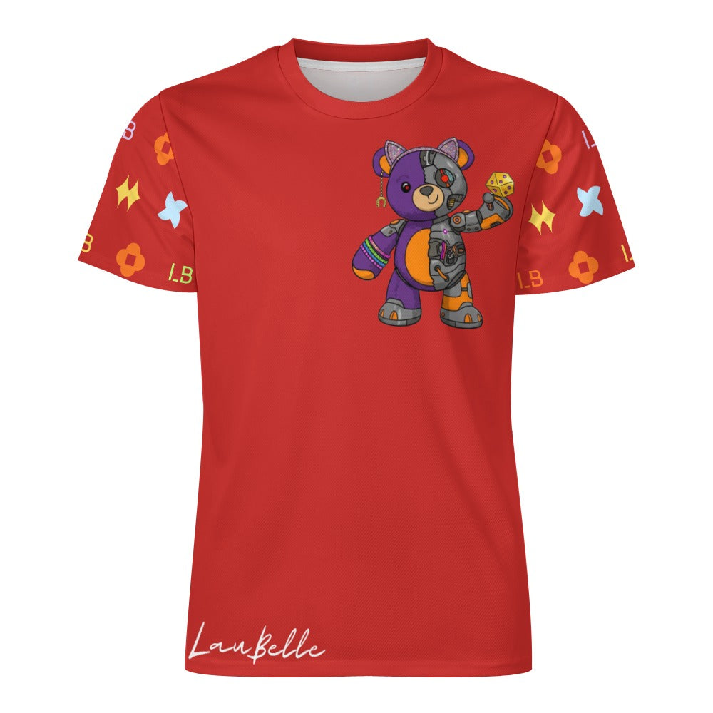 Red T-shirt with colorful patchwork teddy bear and bright star-patterned sleeves