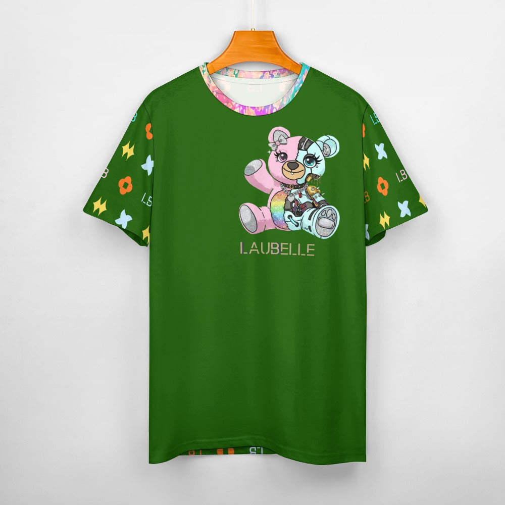Green T-shirt with multicolored bear graphic and floral patterns on sleeves.