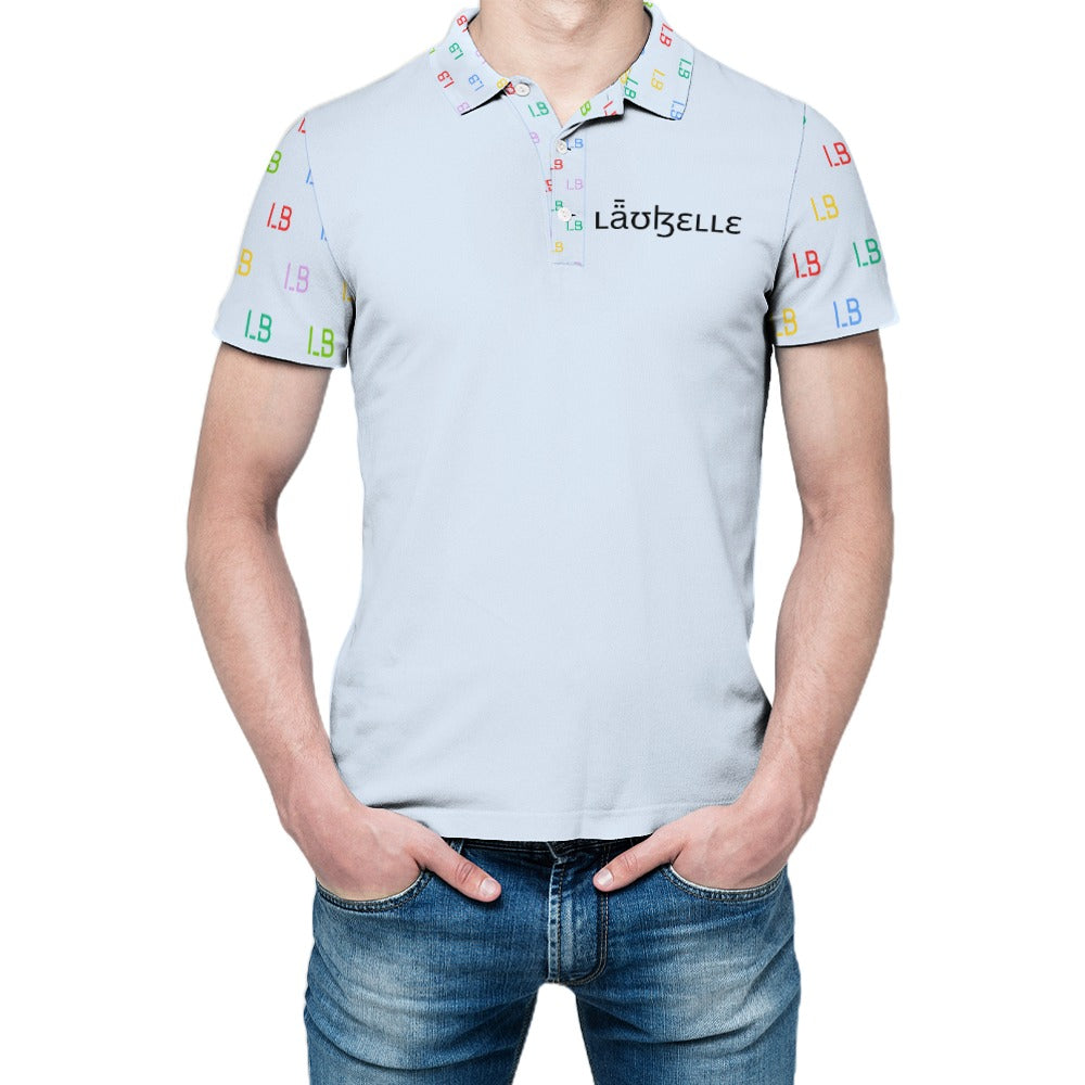 Man in light blue polo shirt with colorful patterns and "LABELLE" text, wearing blue jeans.