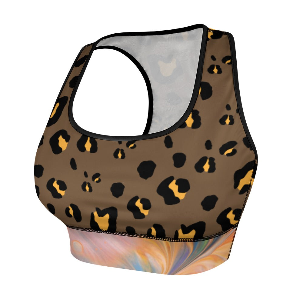 Leopard print sports bra with black trim and swirling pastel design at the bottom.