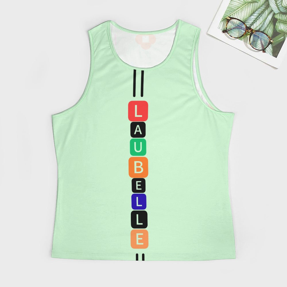Mint green tank top with vertical "LABELLE" text in colorful blocks and stripes on sides.
