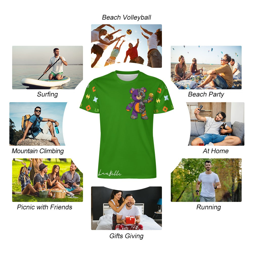 Green T-shirt with cartoon purple bear surrounded by photos of people in outdoor activities.