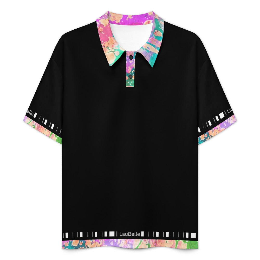 Black shirt with colorful, abstract collar and sleeve edges in pink, blue, and green patterns.