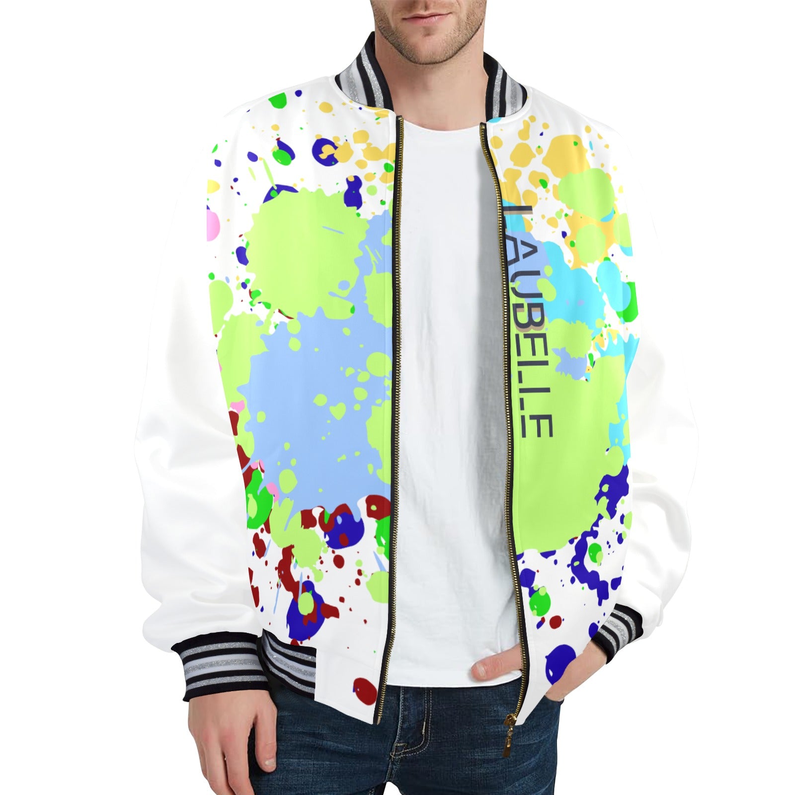 LauBelle Mens Sporty Striped-Trim Metal-Zip Bomber Jacket