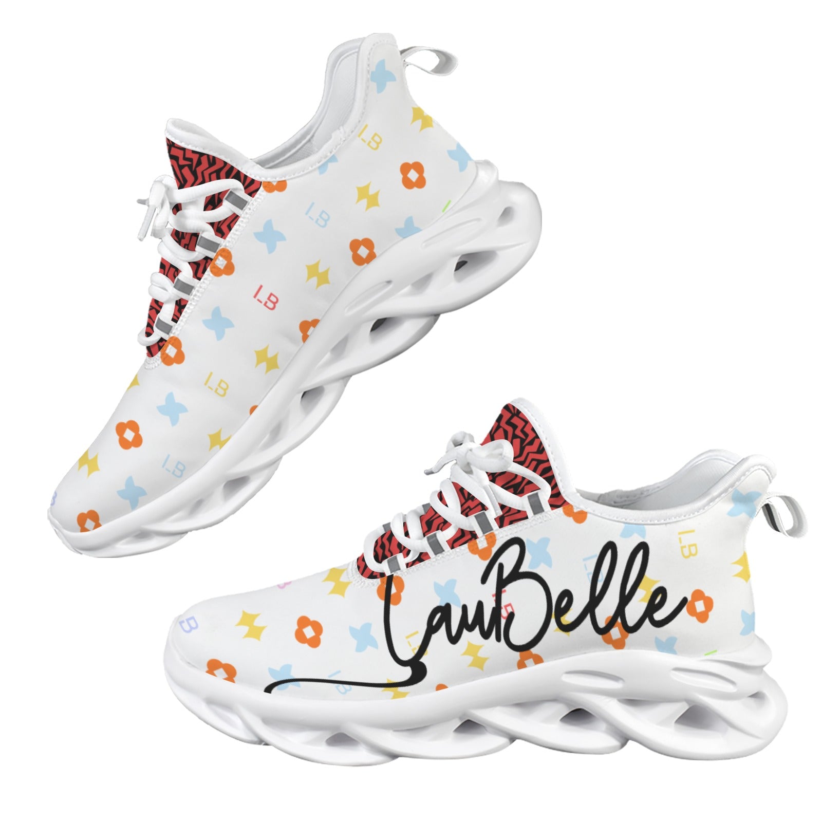 White sneakers with colorful patterns, wavy soles, and "LaBelle" text in black script.