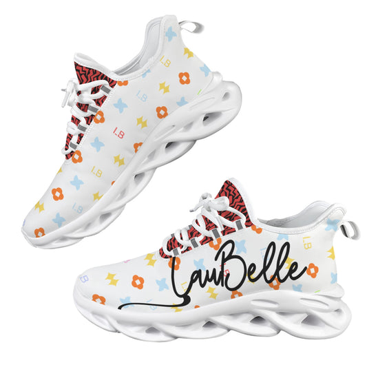 White sneakers with colorful patterns, wavy soles, and "LaBelle" text in black script.