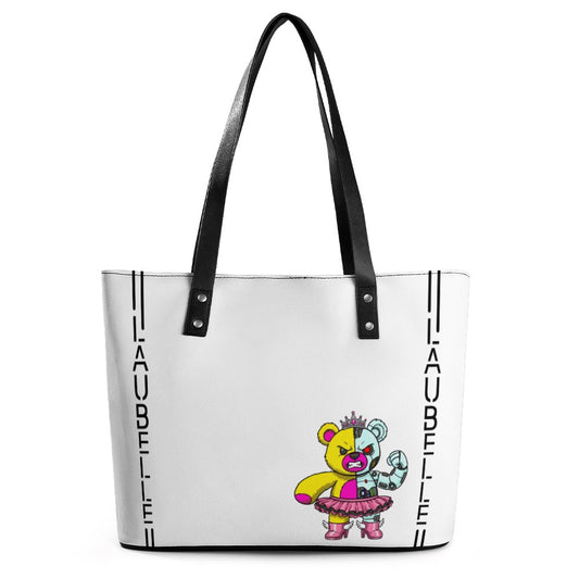 White tote bag with black handles, colorful cartoon bear, and "LAUBELLE" text on sides.