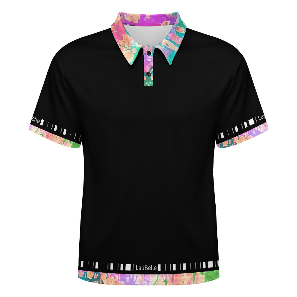 Black polo shirt with a colorful abstract collar and cuffs featuring pink, purple, and green accents.