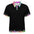 Black polo shirt with a colorful abstract collar and cuffs featuring pink, purple, and green accents.