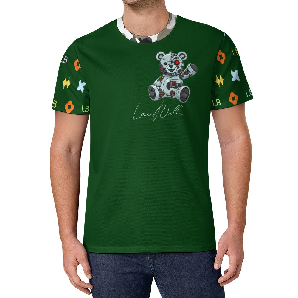 Man in dark green T-shirt with cartoon teddy bear on chest and colorful patterned sleeves