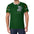Man in dark green T-shirt with cartoon teddy bear on chest and colorful patterned sleeves