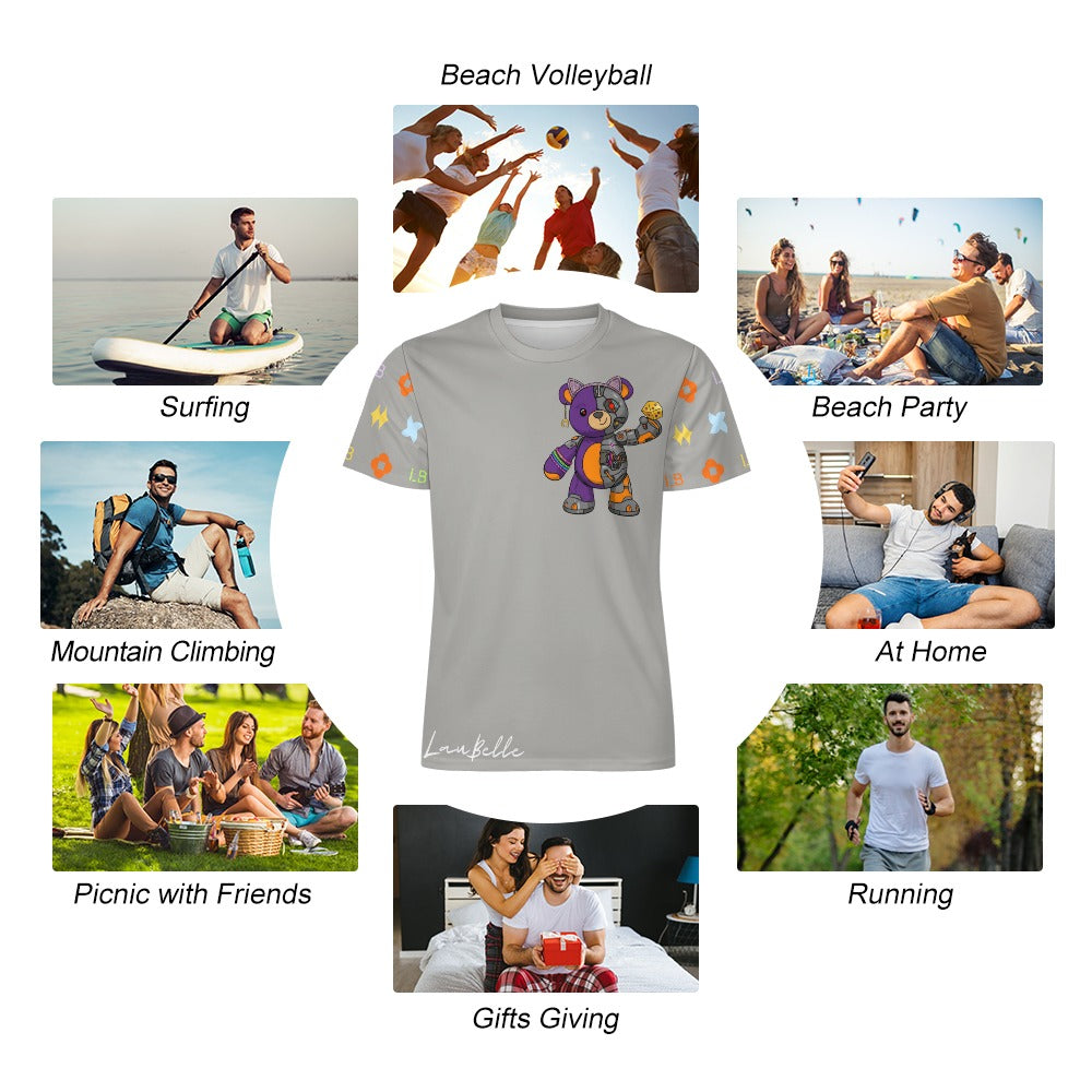 Gray T-shirt with cartoon teddy bear, surrounded by photos of people in various outdoor activities.