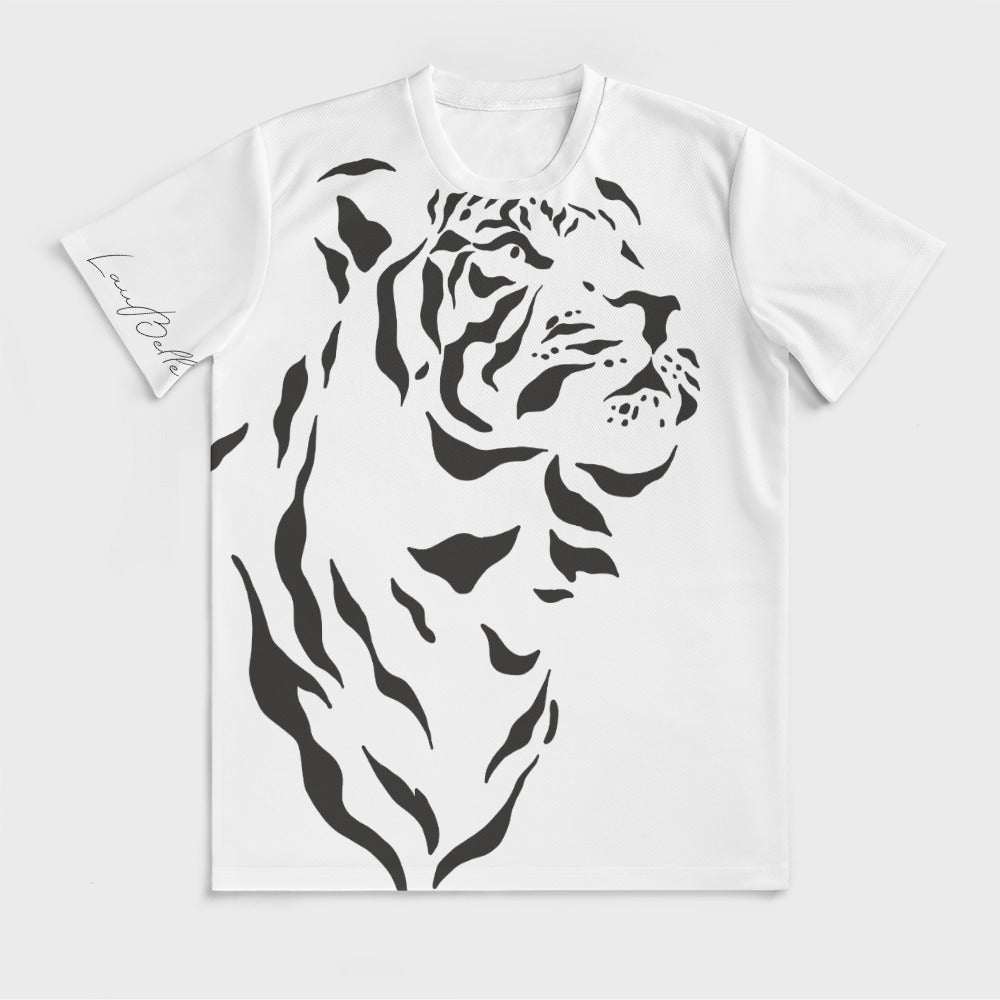 White T-shirt with large black minimalist side-profile tiger illustration on the front.