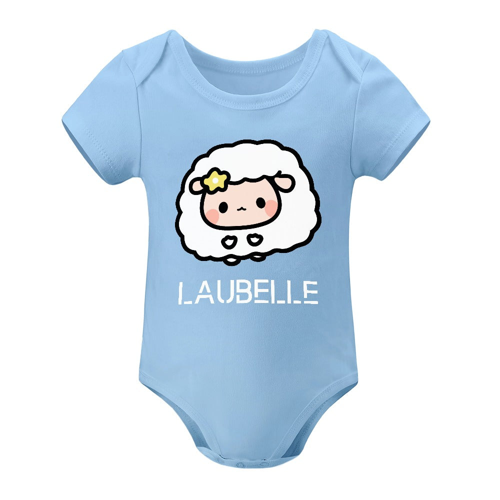 Blue baby onesie with a cute sheep graphic and "LAUBELLE" text in white.