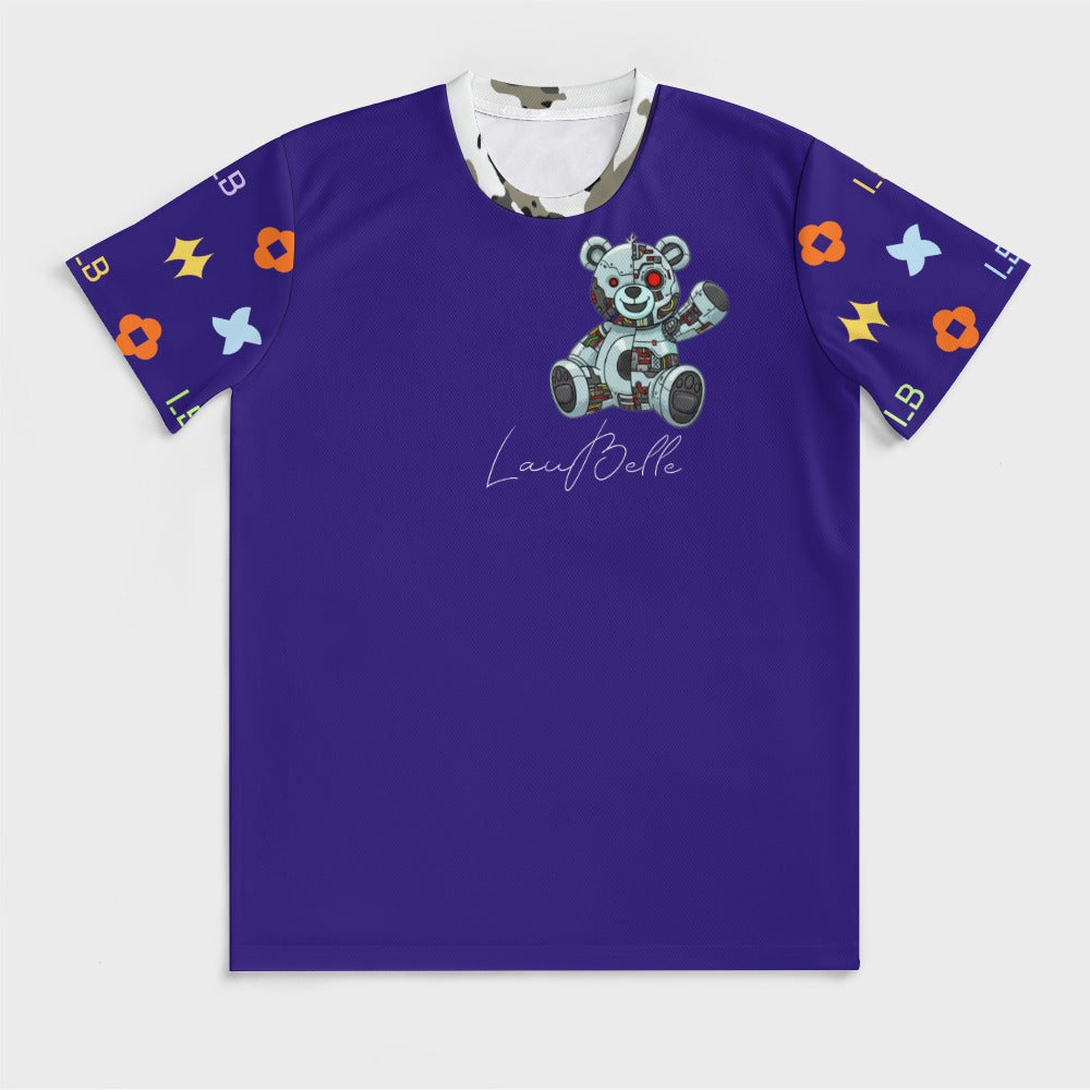 Purple t-shirt with cartoon robot bear on chest and colorful patterned sleeves