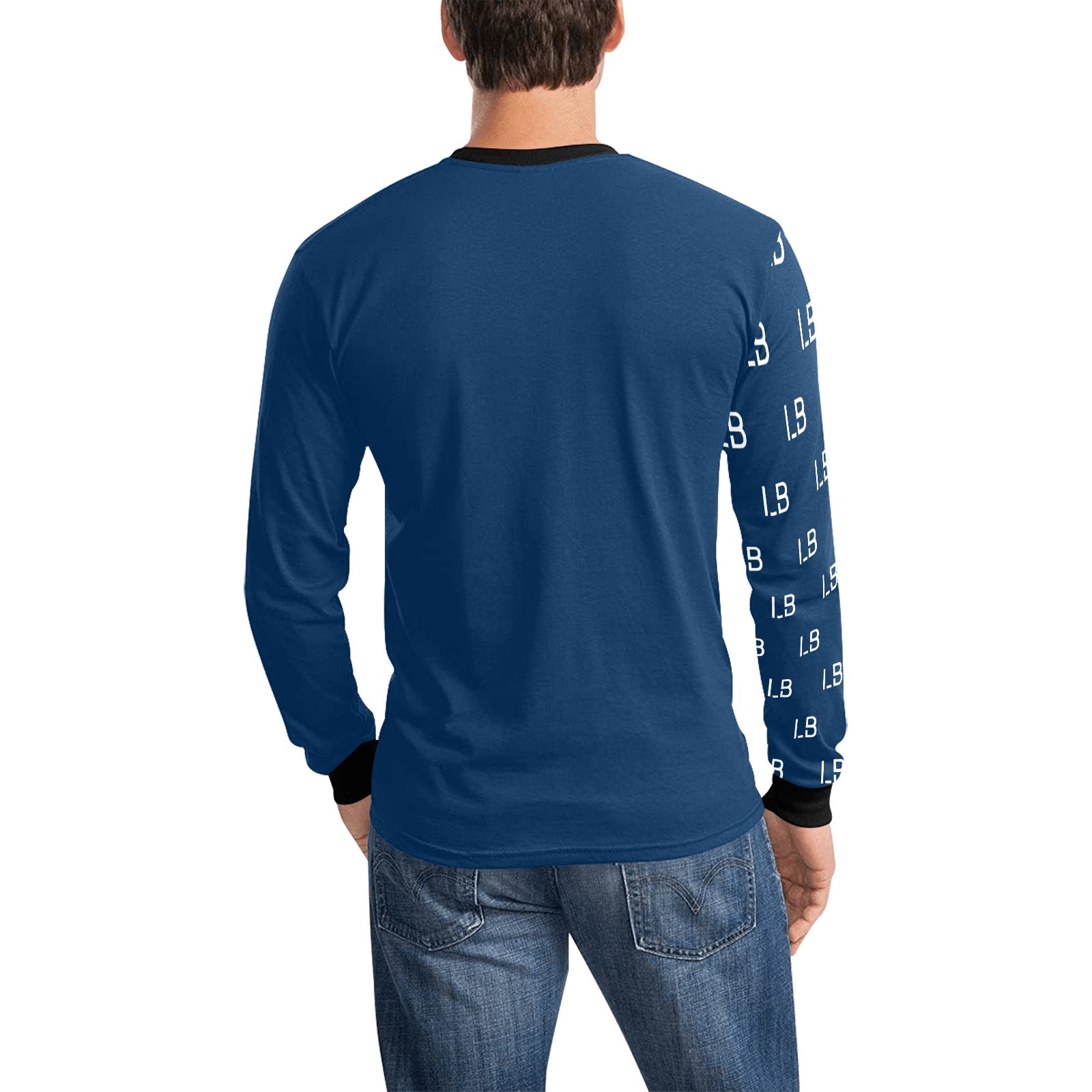 Man in blue long-sleeve shirt with black cuffs, "LB" pattern on sleeve, wearing blue jeans.