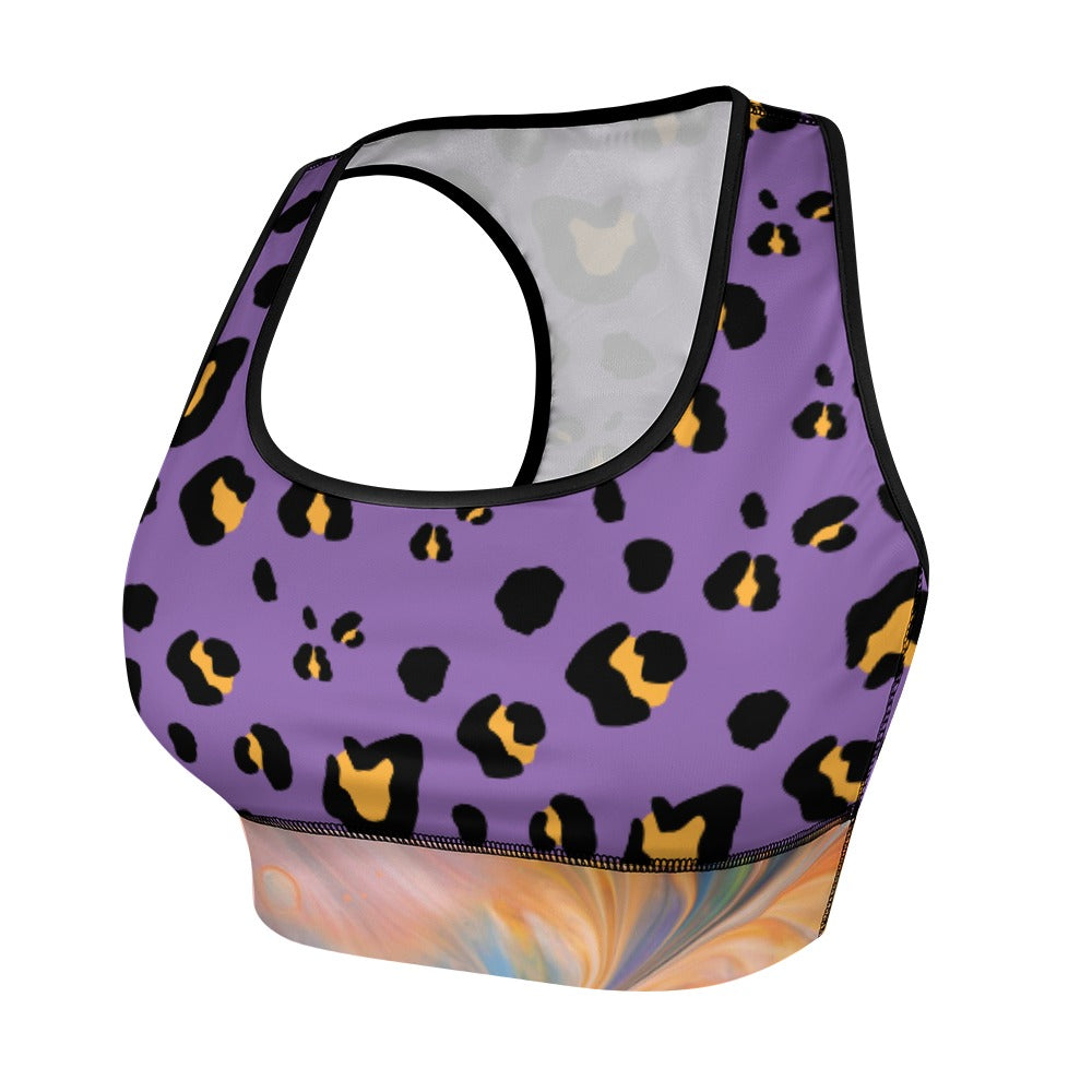 Purple leopard-print sports bra with black trim and colorful abstract lower band.