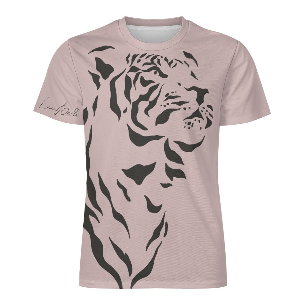 Light mauve T-shirt with large black abstract tiger profile graphic.