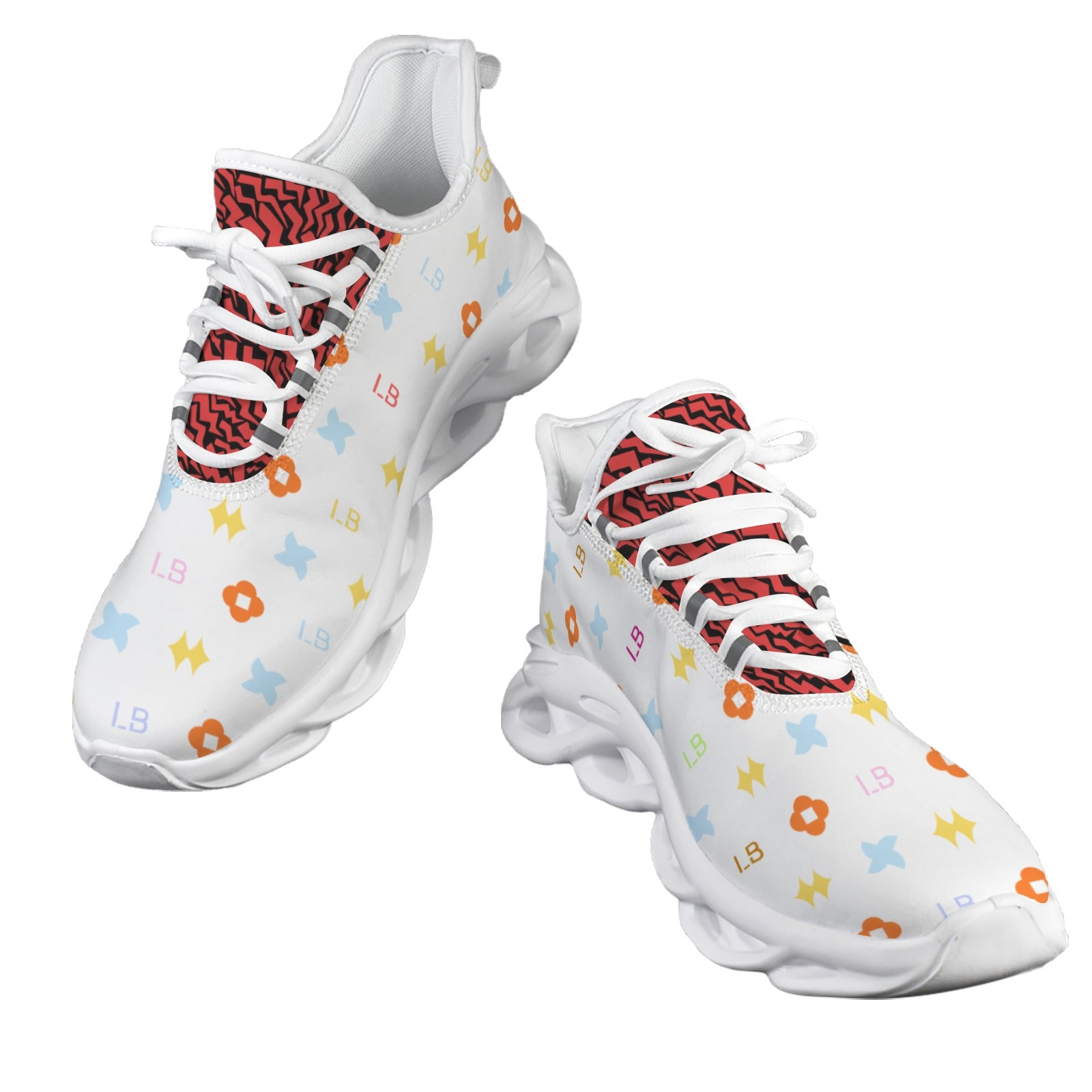 White sneakers with colorful logos and a red patterned tongue. Thick, curved soles and white laces.