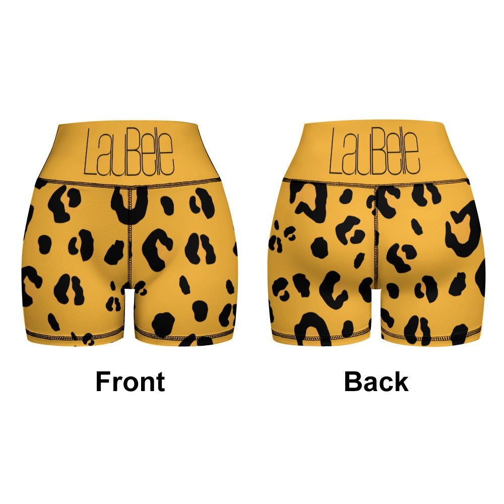 Yellow shorts with black leopard print, front and back view, with "LaBête" on waistband.