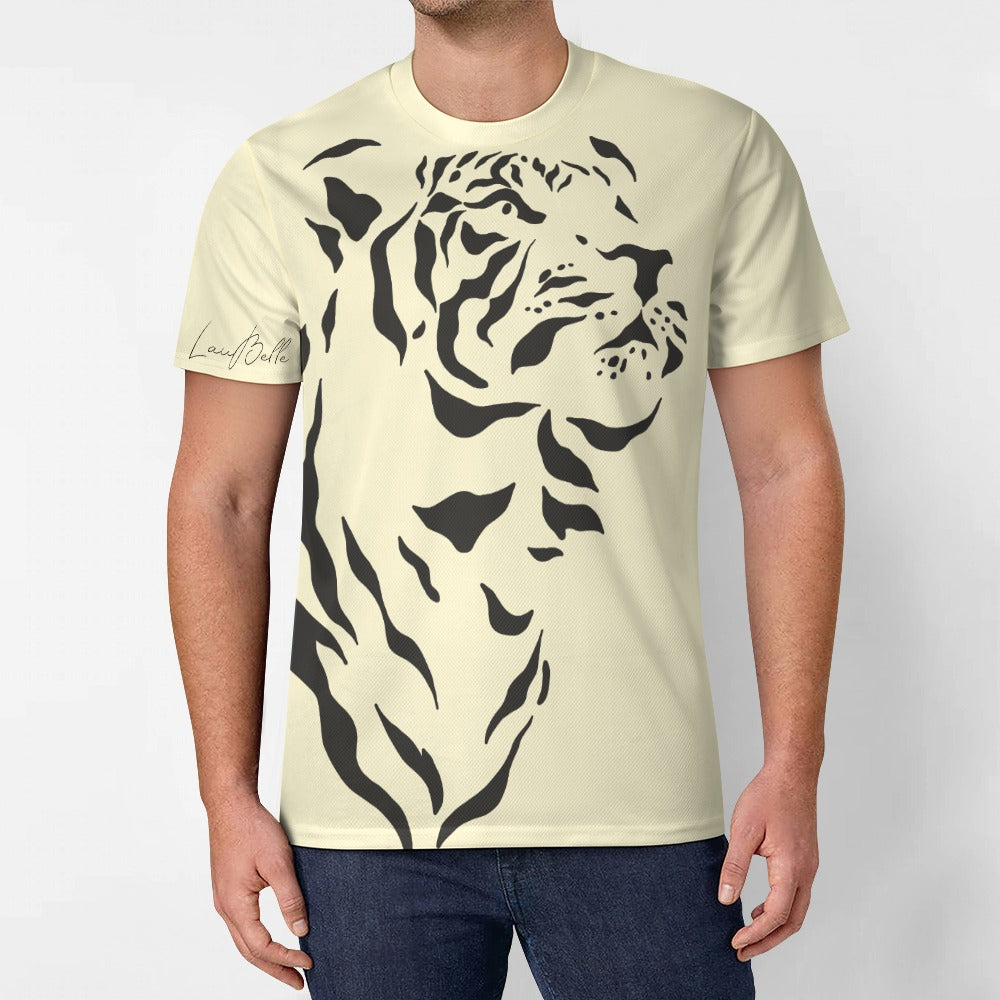 Man wearing light beige T‑shirt with large black tiger face and stripes printed on the front.