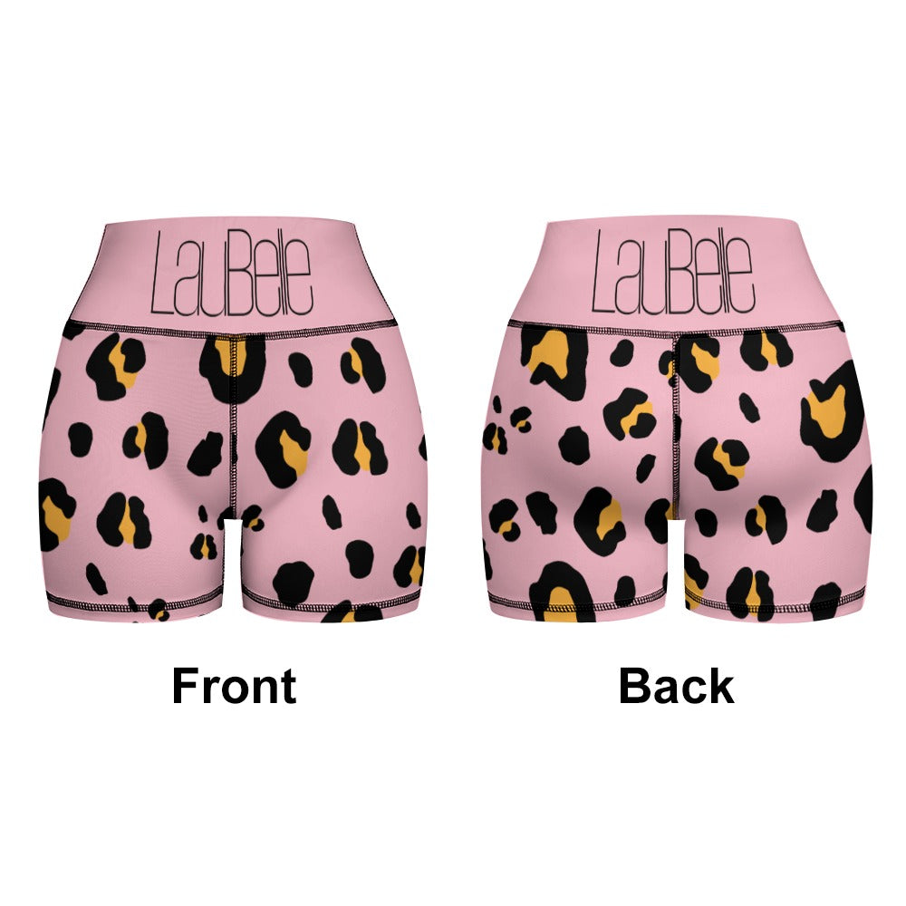Pink shorts with black and yellow leopard print, shown front and back views.