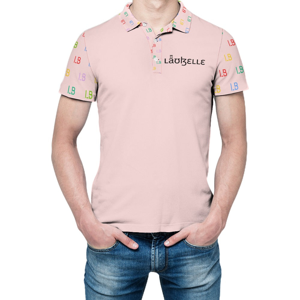 Man in a light pink polo shirt with multicolored "L8" pattern, wearing blue jeans.