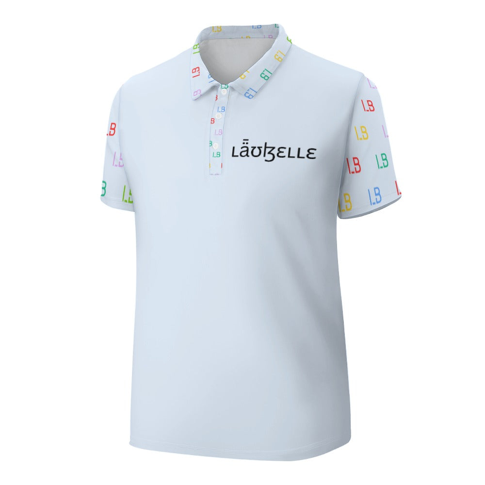 White polo shirt with colorful "LB" initials on sleeves and collar, and "Lauzelle" text on chest.
