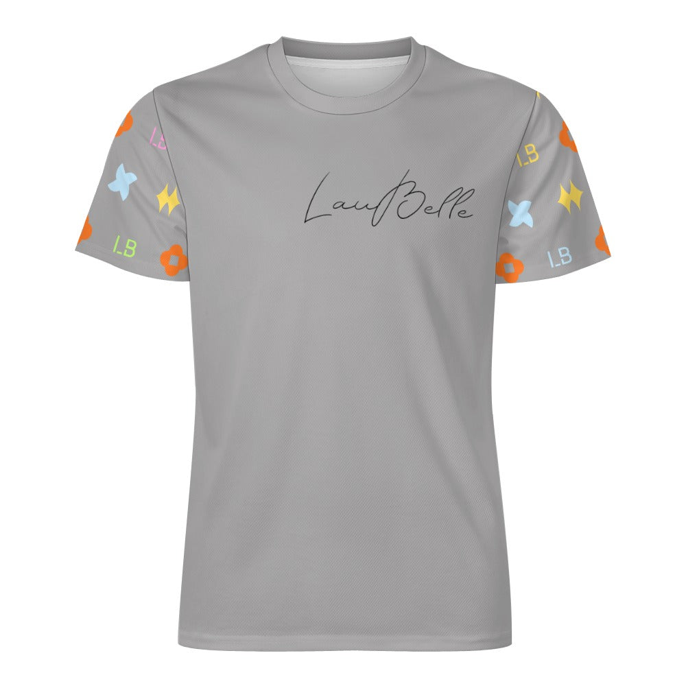 Gray T-shirt with script logo on chest and colorful geometric patterns on short sleeves.
