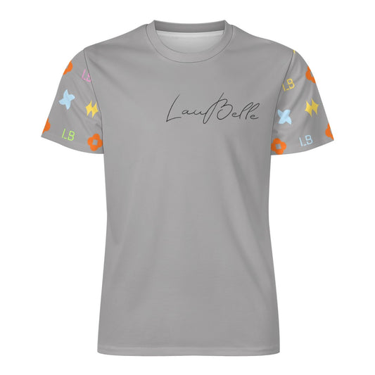 Gray T-shirt with script logo on chest and colorful geometric patterns on short sleeves.