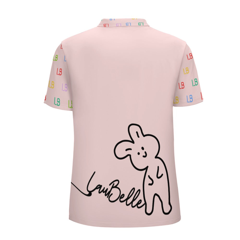 Pink shirt with colorful "LB" on sleeves and back; features a cute outlined bunny and "La Belle" text.
