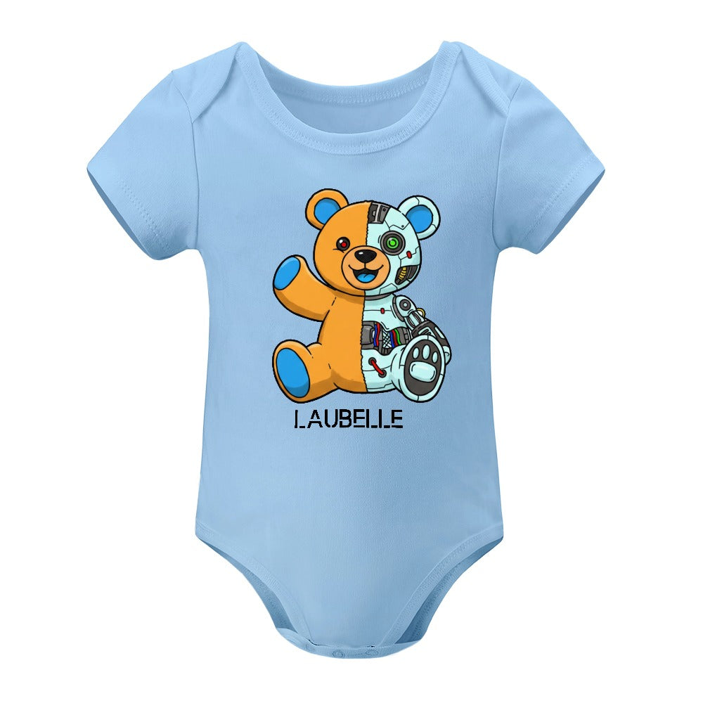Blue baby onesie with a cute, half-robotic teddy bear graphic and text "LAUBELLE" below.