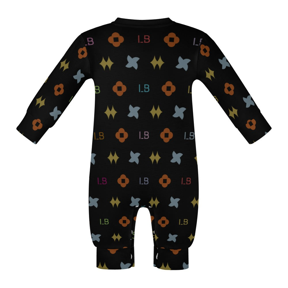 Black baby onesie with multicolored geometric patterns and "LB" text. Long sleeves and legs.
