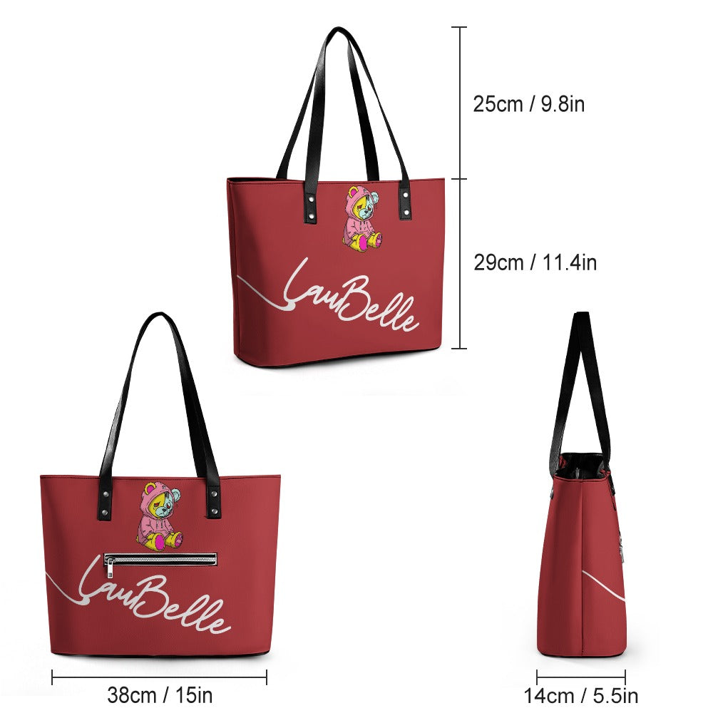 Red tote bag with "LouBelle" text, floral detail, and black straps. Dimensions: 38x29x14 cm.