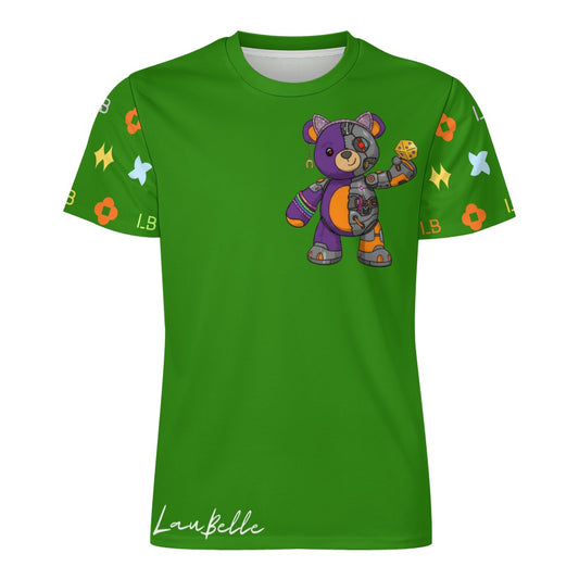 Green T-shirt with colorful robot teddy bear graphic and star-patterned sleeves.