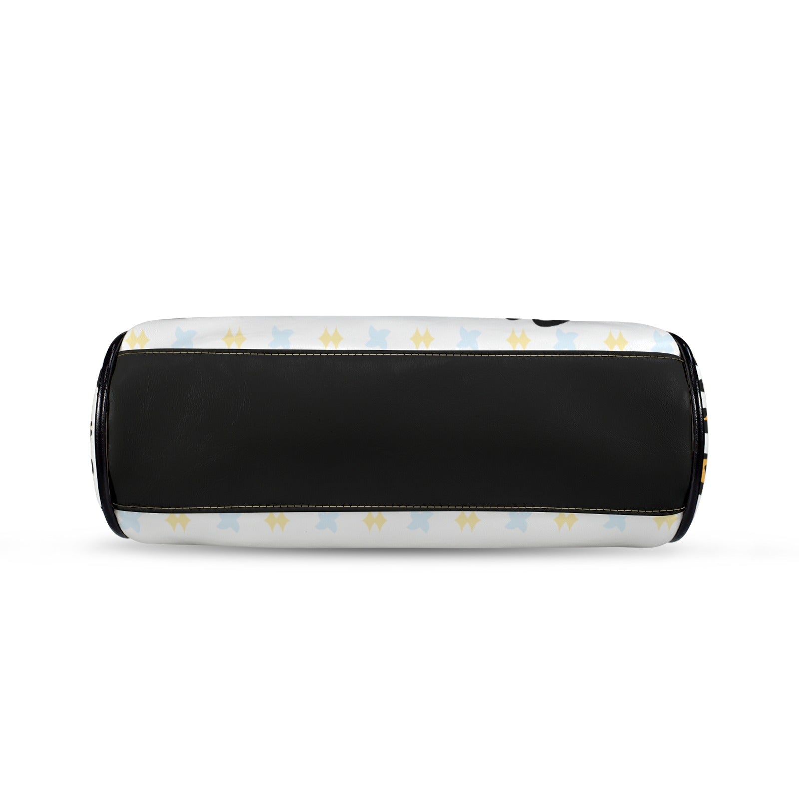 White pencil case with a black center strip and light blue and yellow pattern on the sides.