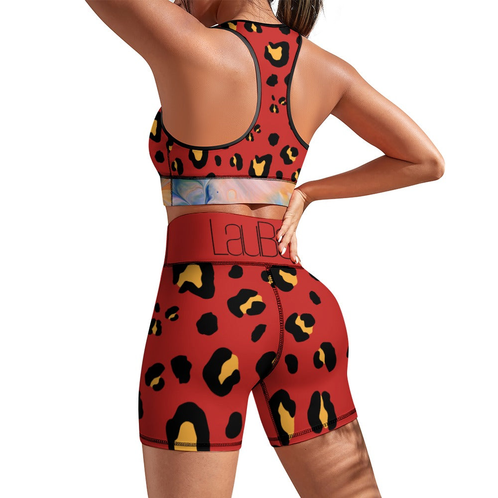 Person in red leopard-print athletic wear, showing back view with hands on hips.