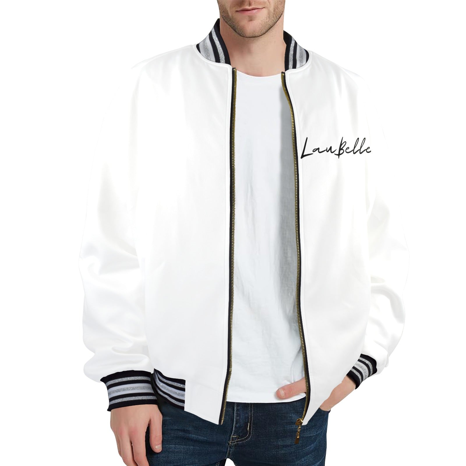 LauBelle Mens Sporty Striped-Trim Metal-Zip Bomber Jacket