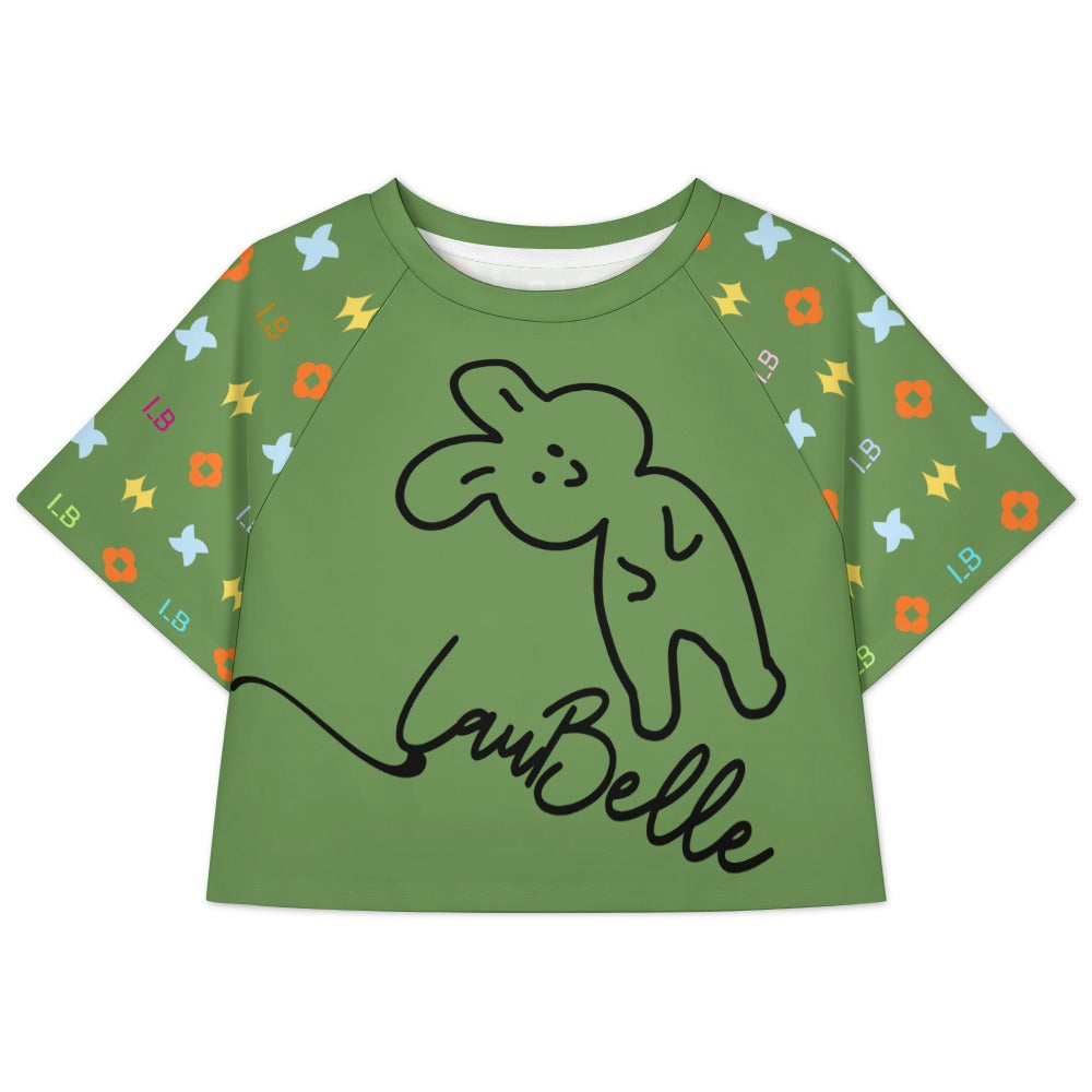 Green shirt with a cartoon rabbit, colorful geometric patterns on sleeves, and "LauBelle" text.