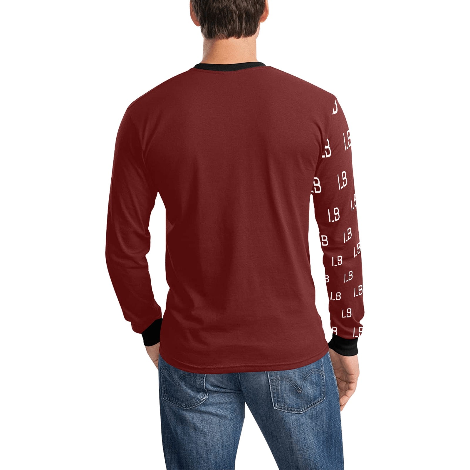 Man in a maroon long-sleeve shirt with "LB" on sleeves, wearing blue jeans, black cuffs.