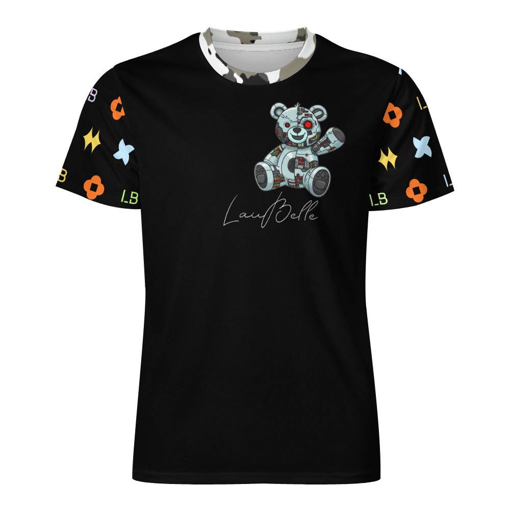 Black T-shirt with robot teddy bear graphic and colorful patterned short sleeves