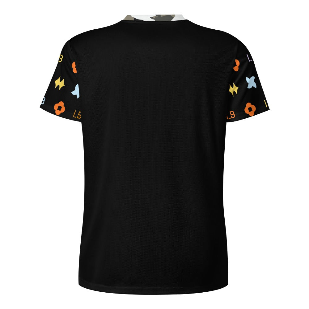 Back of black T-shirt with short sleeves patterned with small colorful symbols.