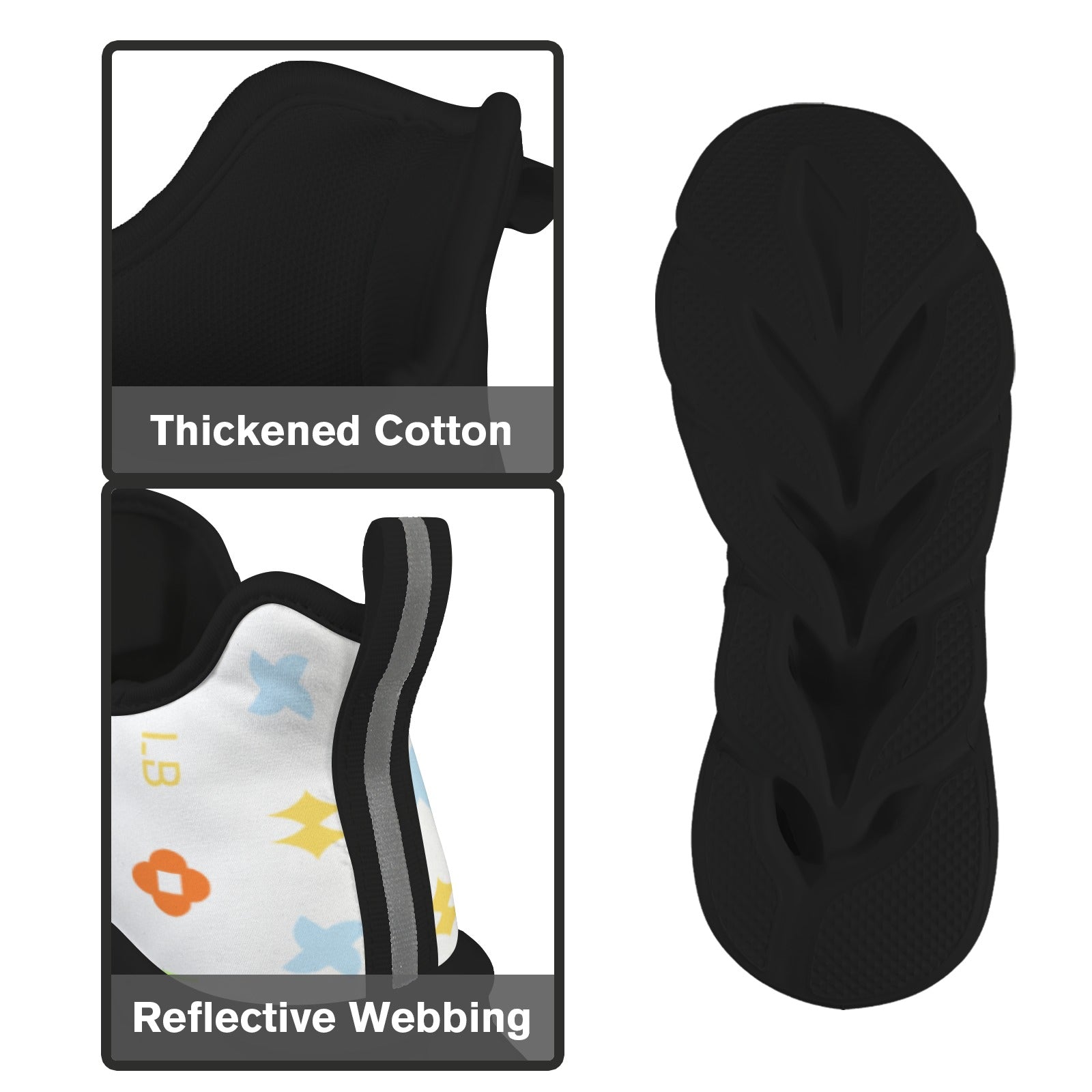 Shoe details including thickened cotton, reflective webbing, floral patterns, and black sole.