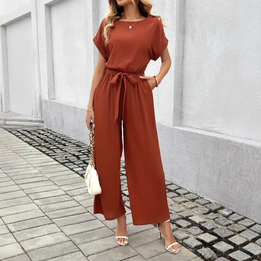 ChicBelted Round Neck Jumpsuit for Women - LauBelle