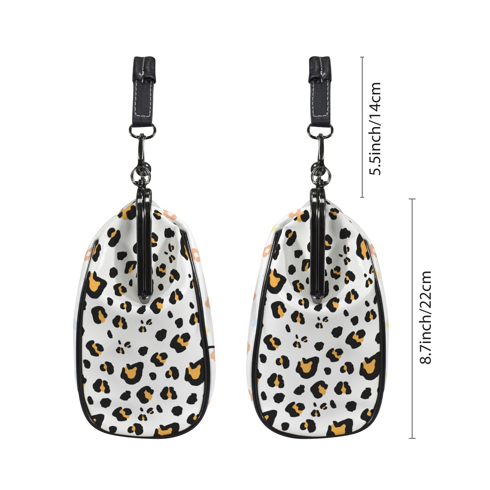 Two leopard print pouches with black clips, dimensions 5.5x8.7 inches, on a white background.