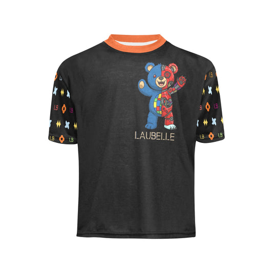 Black shirt with colorful bear graphic, "LAUBELLE" text, orange collar, and patterned sleeves.