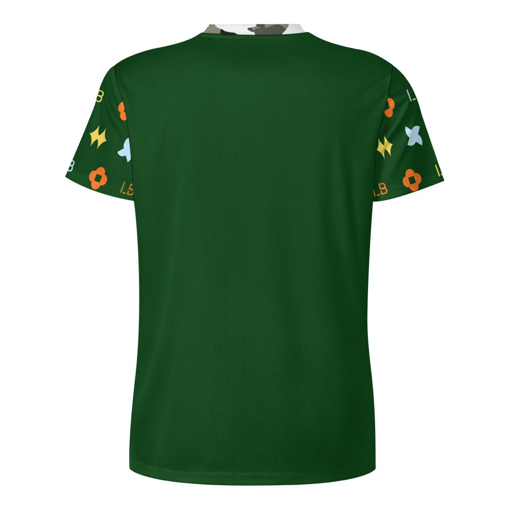 Back view of green T‑shirt with short sleeves featuring colorful geometric patterns.