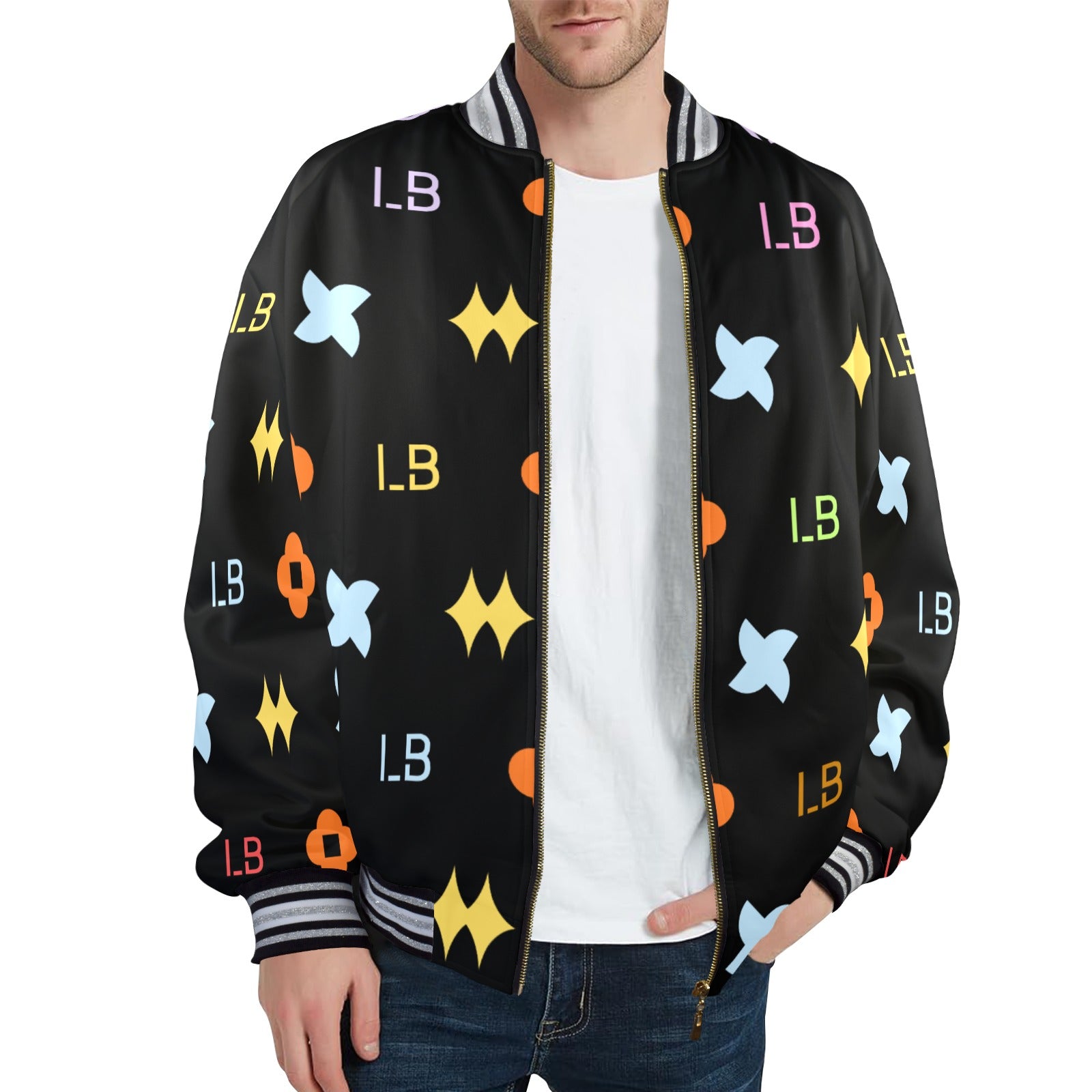 LauBelle Mens Sporty Striped-Trim Metal-Zip Bomber Jacket