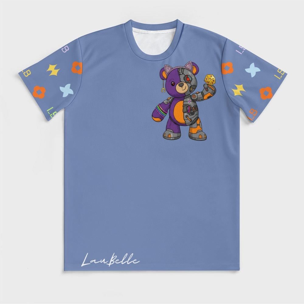 Blue T-shirt with colorful cyborg teddy bear on chest and patterned flower sleeves.